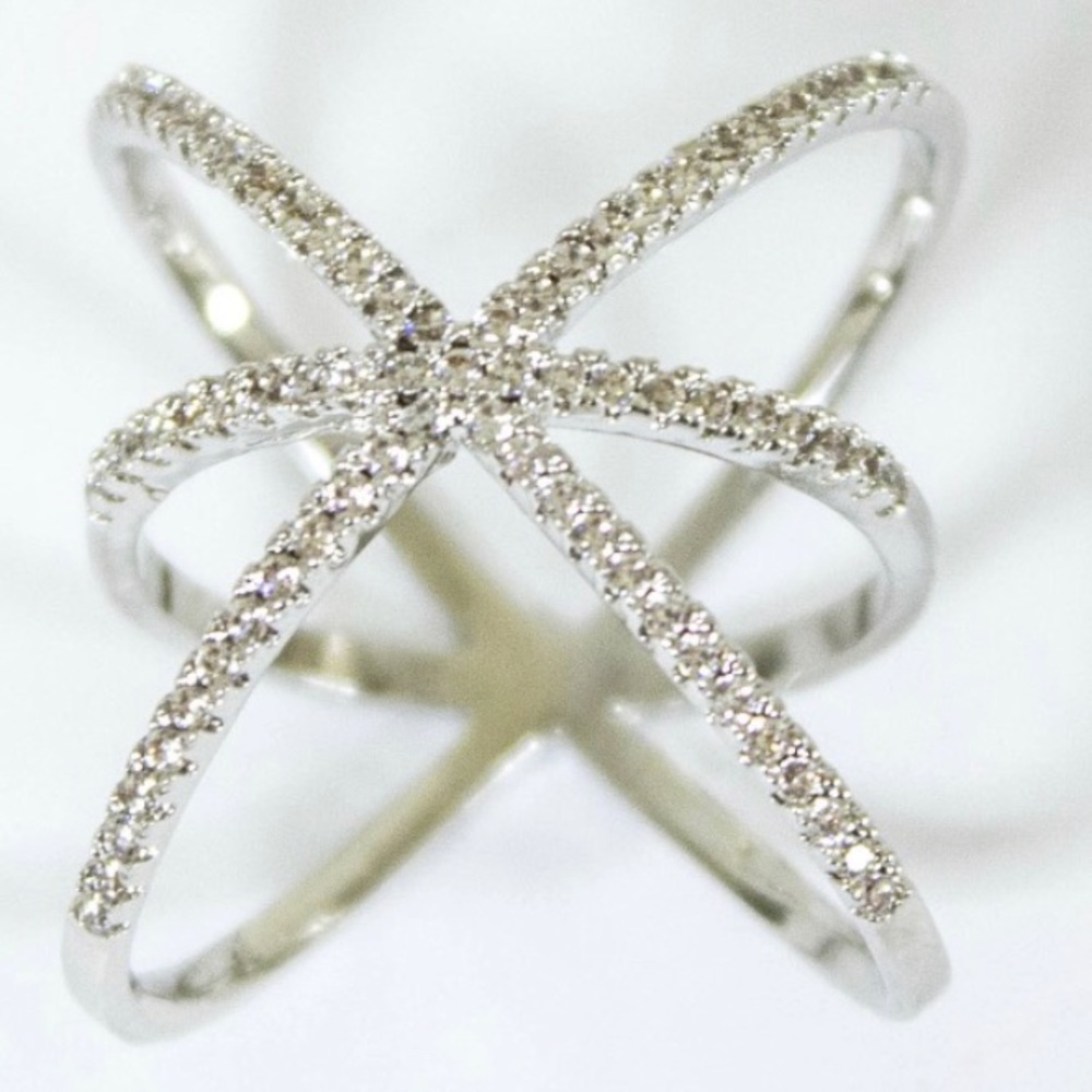 Elegant White Crystal Cross-Over Statement Ring Size 6